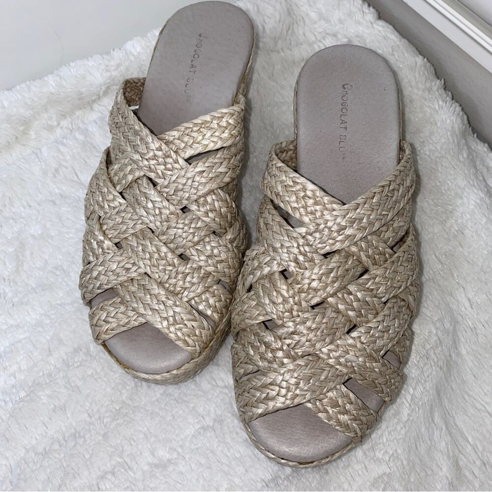 Chocolat Blu Light Beige Rattan Espadrille Wedge Sandal Heel Size 7